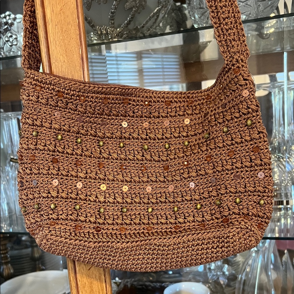 The Sak Brown Crochet Shoulder Bag with Beaded Accents